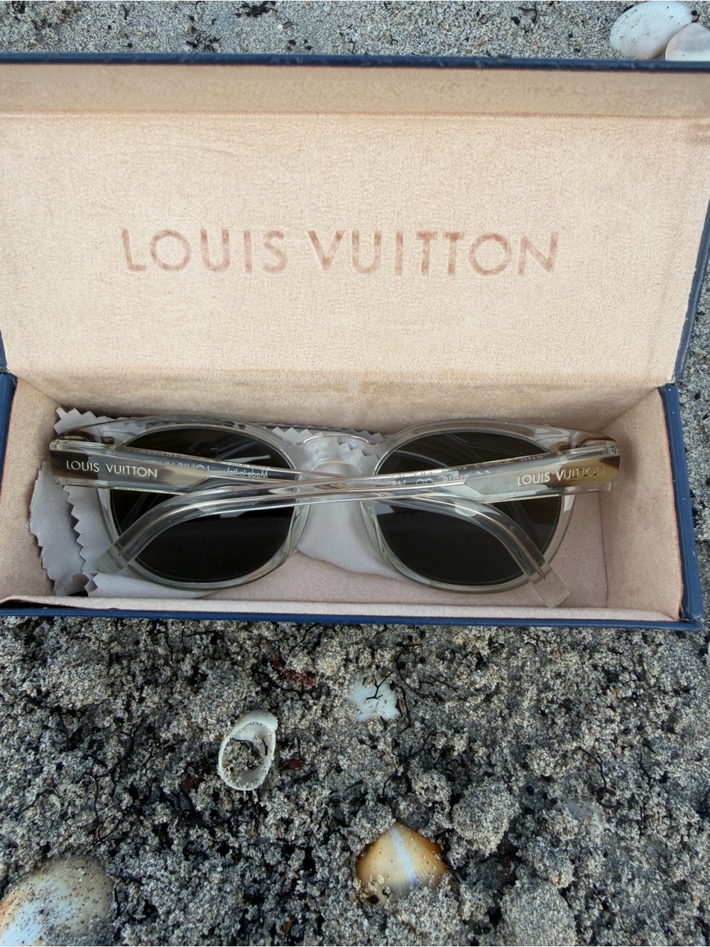 Louis Vuitton Clear Frame Sunglasses with Black Lenses and Gold Logo